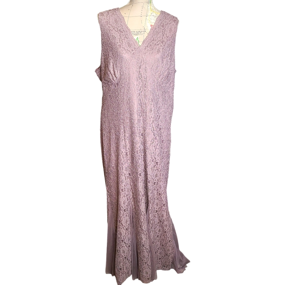 Candalite Size 3X Pink Gold Shimmer Floral Lace V-Neck V-Back Trumpet Gown NWT